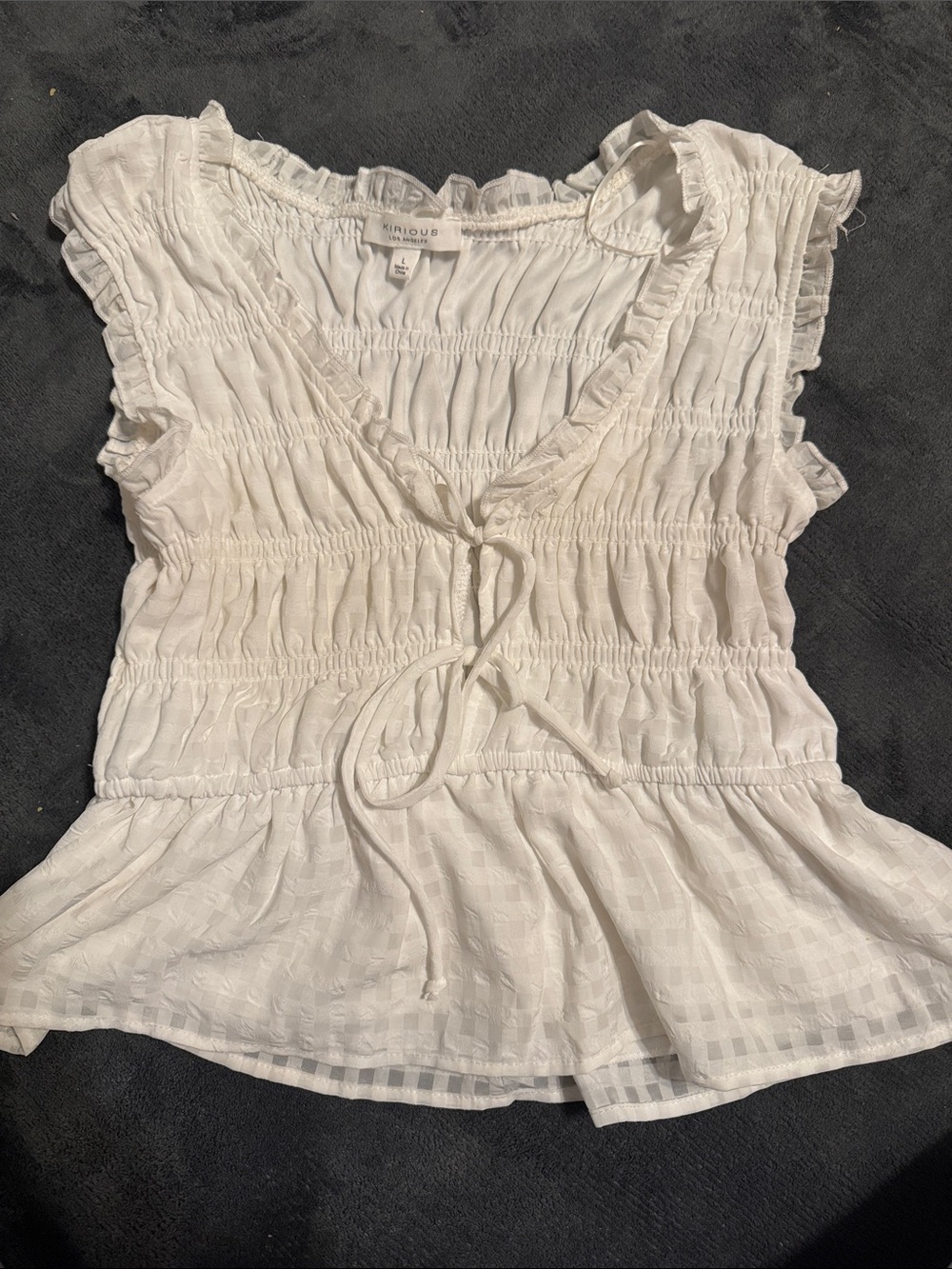 White Smocked Peplum Tie-Front Blouse